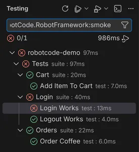 The Test Explorer filtered with @robotCode.RobotFramework:smoke shows only the tests tagged smoke.