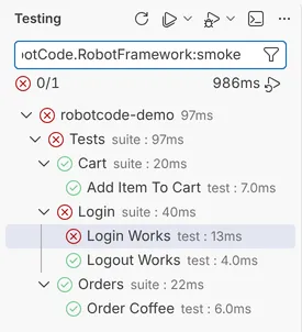 The Test Explorer filtered with @robotCode.RobotFramework:smoke shows only the tests tagged smoke.