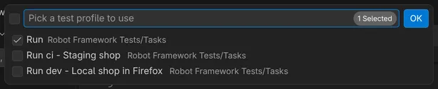 VS Code's choice of the default run profile lists Run, Run ci - Staging shop and Run dev - Local shop in Firefox.