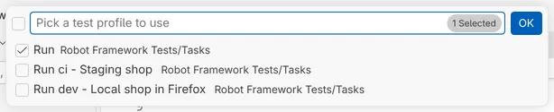 VS Code's choice of the default run profile lists Run, Run ci - Staging shop and Run dev - Local shop in Firefox.
