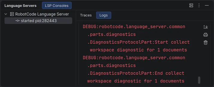 The Language Servers tool window with the started RobotCode Language Server and its Logs tab with debug messages of the language server.