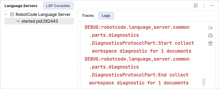 The Language Servers tool window with the started RobotCode Language Server and its Logs tab with debug messages of the language server.