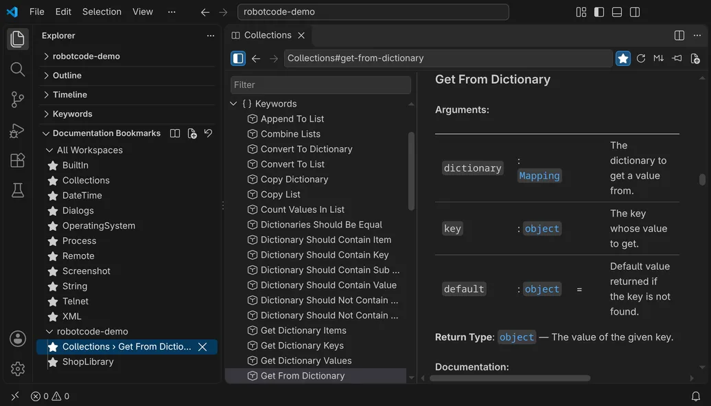 The Documentation Bookmarks view in the Explorer with the buttons Show Documentation Viewer, New Documentation Viewer and Reset Documentation Bookmarks in its title, the group All Workspaces with the standard libraries and the group robotcode-demo with ShopLibrary and the selected Collections › Get From Dictionary. Beside it a viewer shows Collections at Get From Dictionary, with the place in the target field and a filled star.