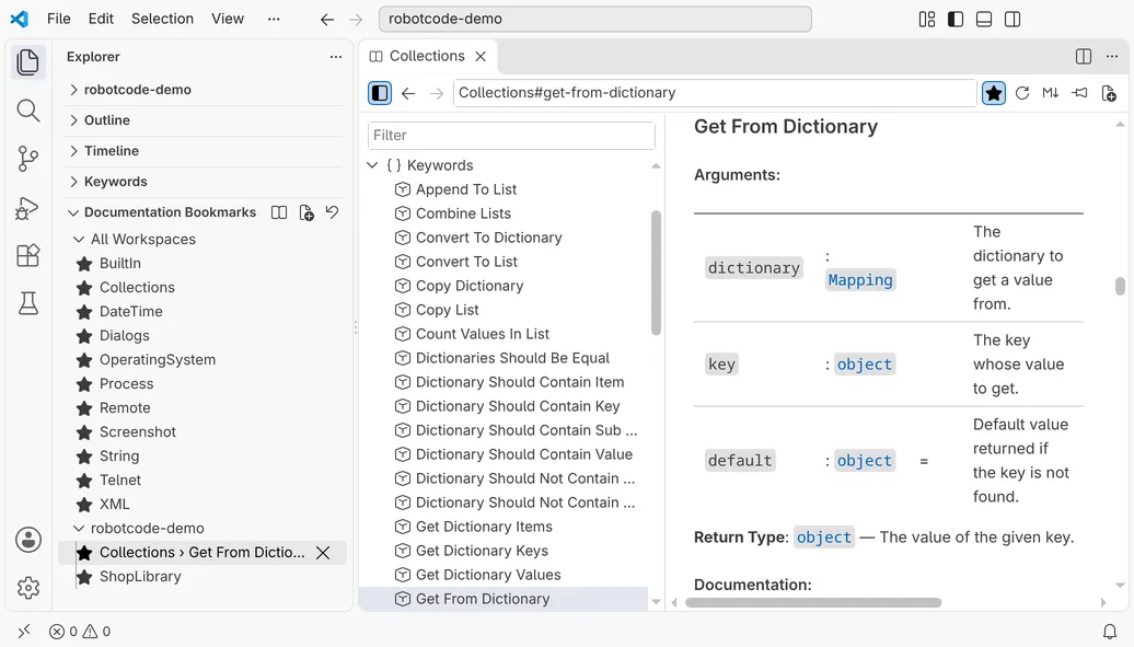 The Documentation Bookmarks view in the Explorer with the buttons Show Documentation Viewer, New Documentation Viewer and Reset Documentation Bookmarks in its title, the group All Workspaces with the standard libraries and the group robotcode-demo with ShopLibrary and the selected Collections › Get From Dictionary. Beside it a viewer shows Collections at Get From Dictionary, with the place in the target field and a filled star.
