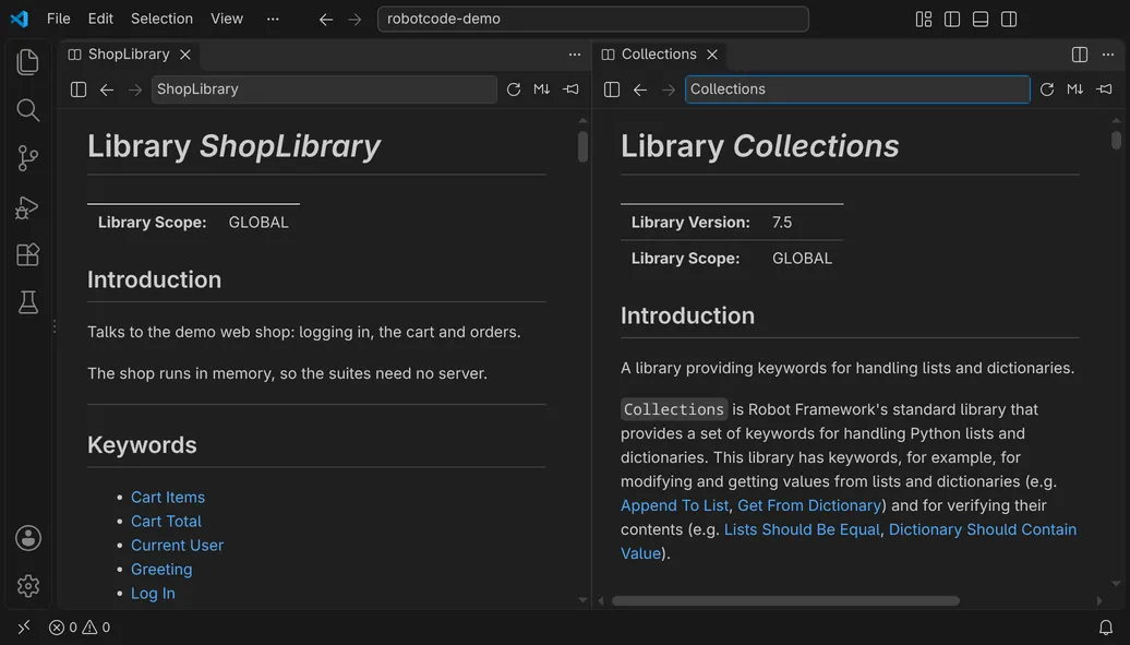 Two Documentation Viewers side by side: ShopLibrary on the left, the Collections library on the right.