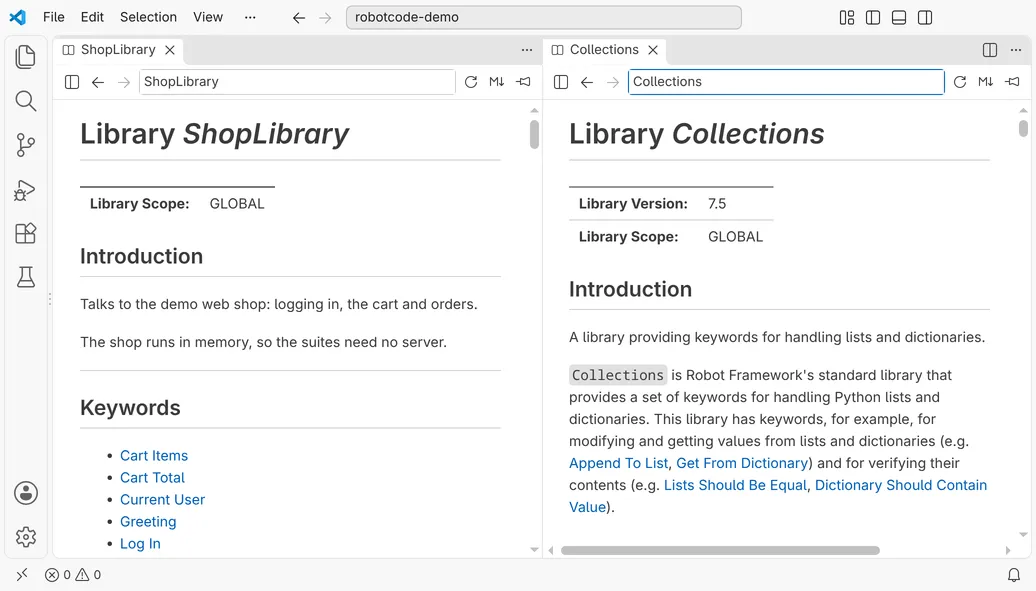 Two Documentation Viewers side by side: ShopLibrary on the left, the Collections library on the right.