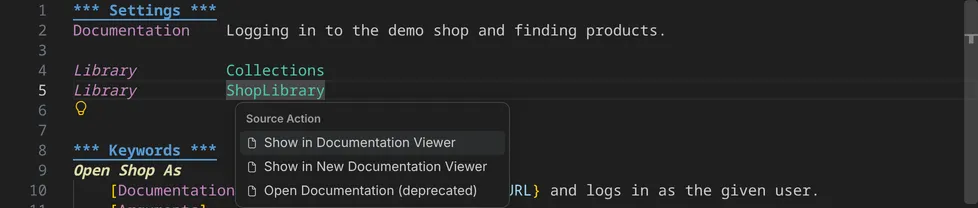 The Source Action menu at the import of ShopLibrary offers Show in Documentation Viewer, Show in New Documentation Viewer and Open Documentation (deprecated).