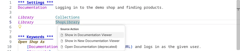 The Source Action menu at the import of ShopLibrary offers Show in Documentation Viewer, Show in New Documentation Viewer and Open Documentation (deprecated).