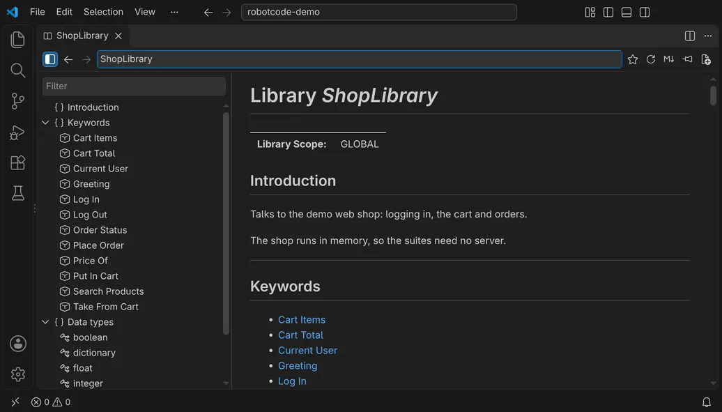 The Documentation Viewer with ShopLibrary: the toolbar with the target field, the outline with the keywords and data types on the left and the page of the library on the right.