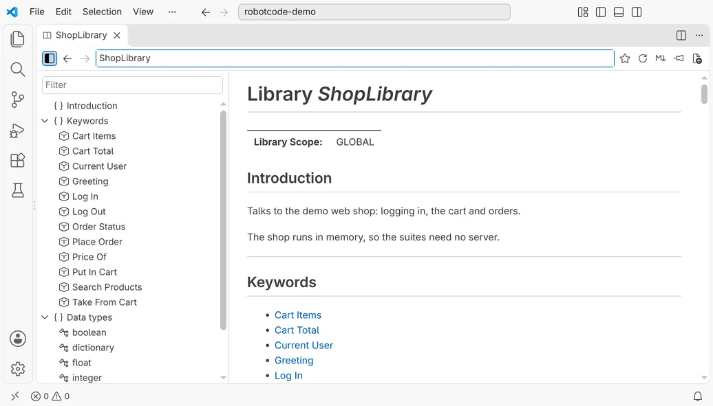 The Documentation Viewer with ShopLibrary: the toolbar with the target field, the outline with the keywords and data types on the left and the page of the library on the right.