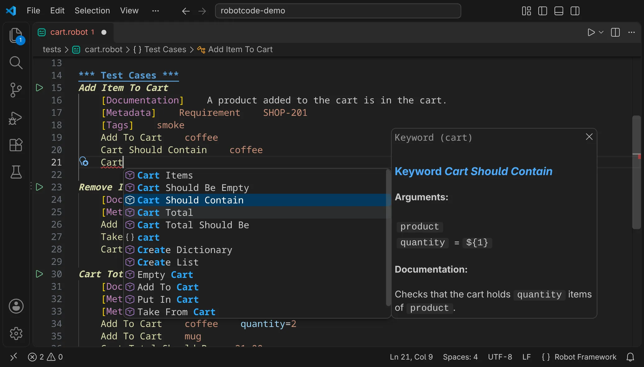 Completing a keyword call in VS Code, with the documentation of the selected keyword