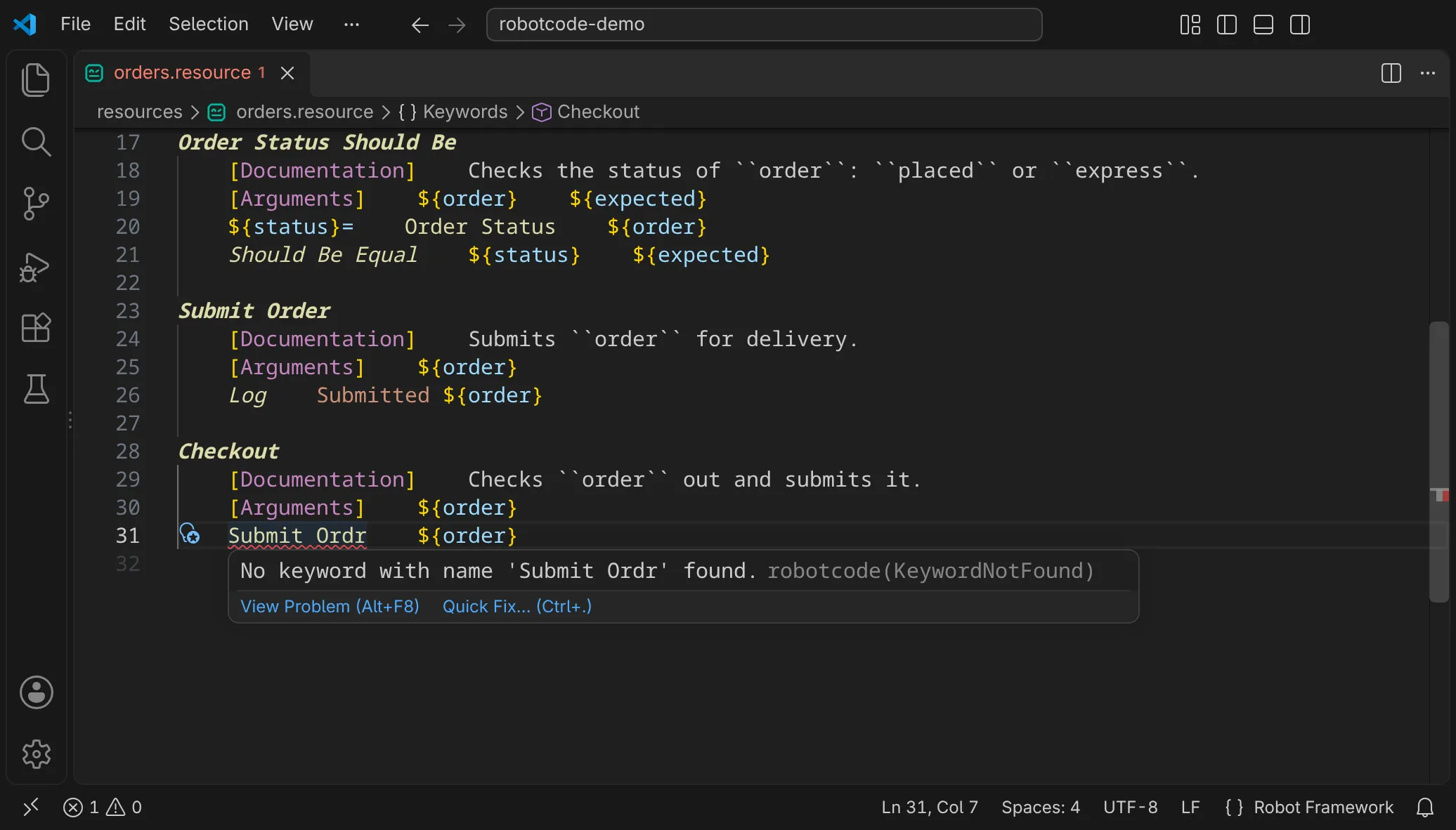 A misspelt keyword call and its diagnostic in VS Code
