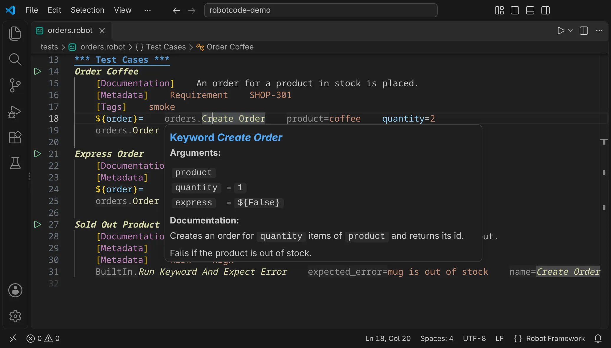 The documentation of a keyword, with its arguments, in a VS Code hover