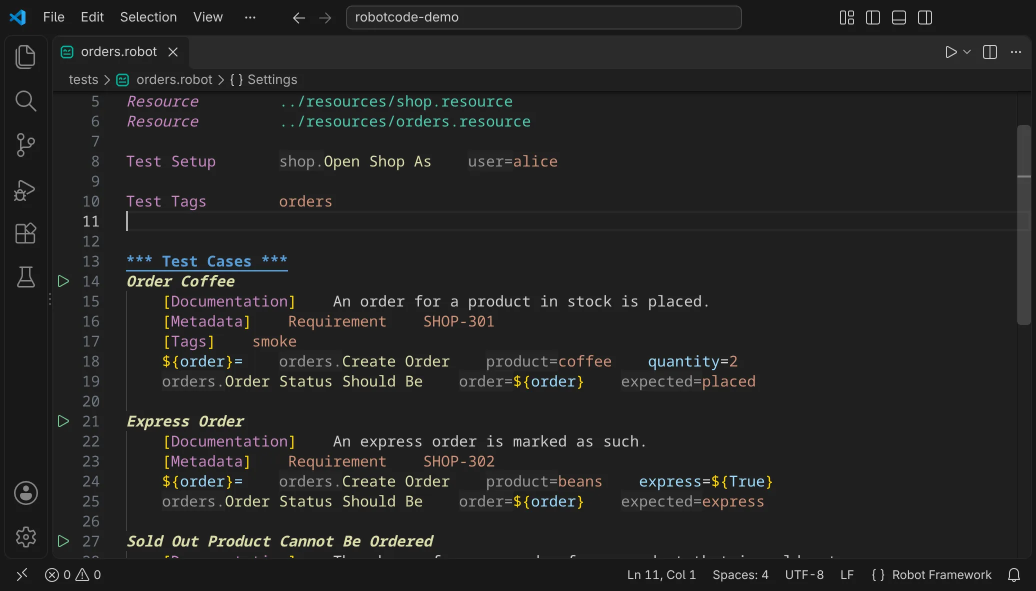 The argument names and namespaces RobotCode shows next to the keyword calls in VS Code