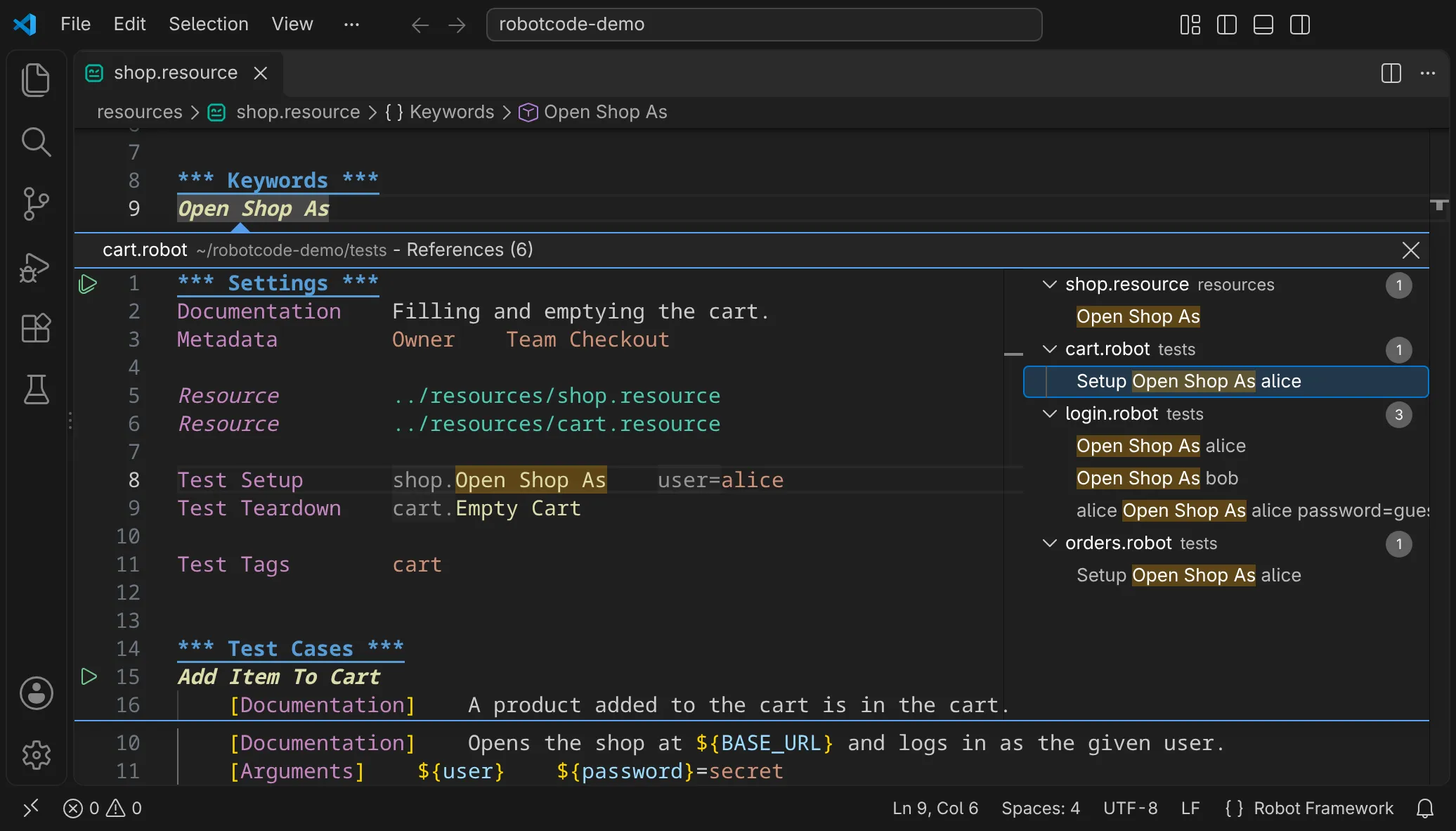 All calls of a keyword in the project, in VS Code's Peek References view