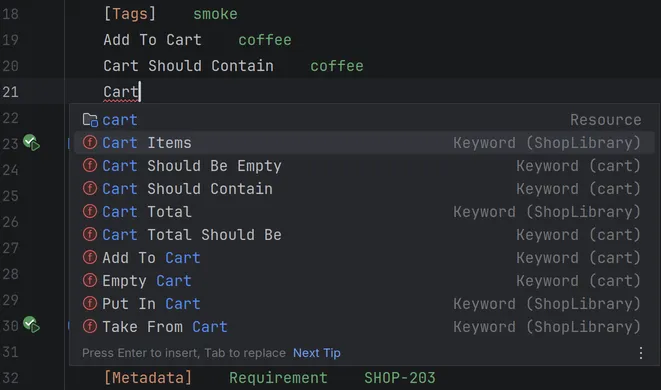 The completion list for Cart typed in a test, with keywords such as Cart Items, Cart Should Contain, Cart Total Should Be and Add To Cart from the library ShopLibrary and the resource file cart.