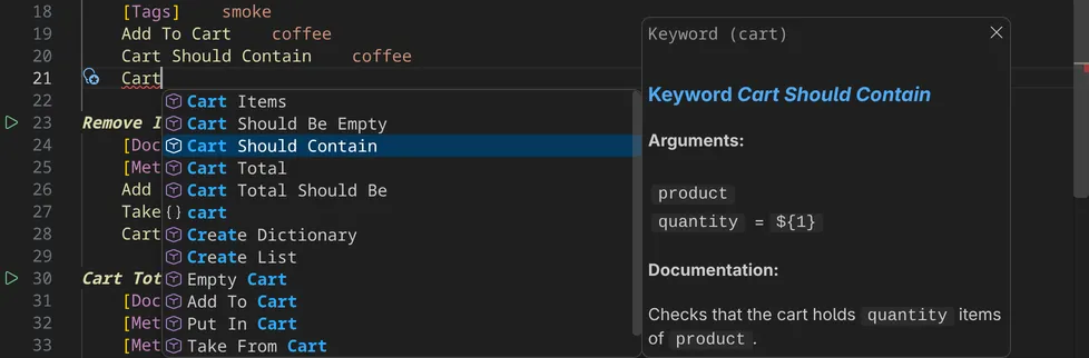 The completion list for 'Cart' in a test, with the keyword Cart Should Contain selected and its arguments and documentation shown beside the list.