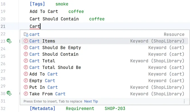 The completion list for Cart typed in a test, with keywords such as Cart Items, Cart Should Contain, Cart Total Should Be and Add To Cart from the library ShopLibrary and the resource file cart.