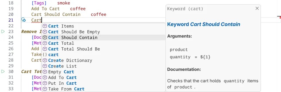 The completion list for 'Cart' in a test, with the keyword Cart Should Contain selected and its arguments and documentation shown beside the list.