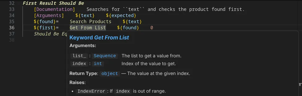 The hover of the keyword Get From List from the Collections library: its arguments list_ and index with their types and descriptions, the return type with the description of the returned value, and IndexError under Raises.