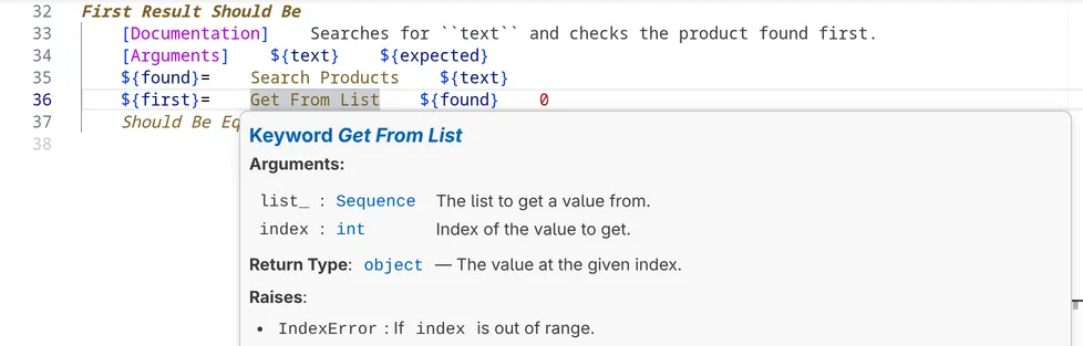 The hover of the keyword Get From List from the Collections library: its arguments list_ and index with their types and descriptions, the return type with the description of the returned value, and IndexError under Raises.