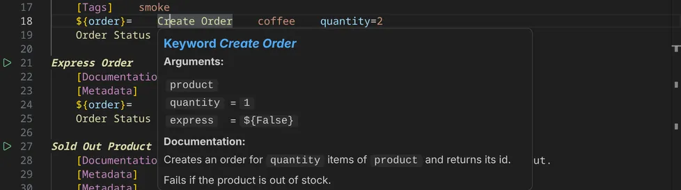 The hover of the keyword Create Order, with its arguments product, quantity and express and its documentation.