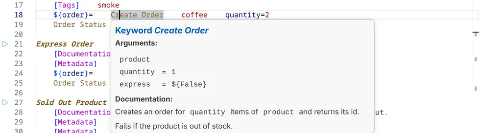 The hover of the keyword Create Order, with its arguments product, quantity and express and its documentation.
