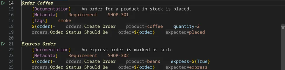 Two tests with inlay hints: the namespace orders. before the keyword calls and argument names such as product= and expected= before their values.