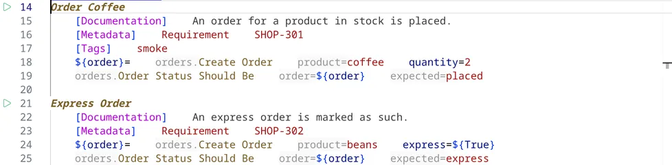 Two tests with inlay hints: the namespace orders. before the keyword calls and argument names such as product= and expected= before their values.